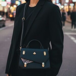 🔥 Black Crossbody Bag with Gold Bee Accents